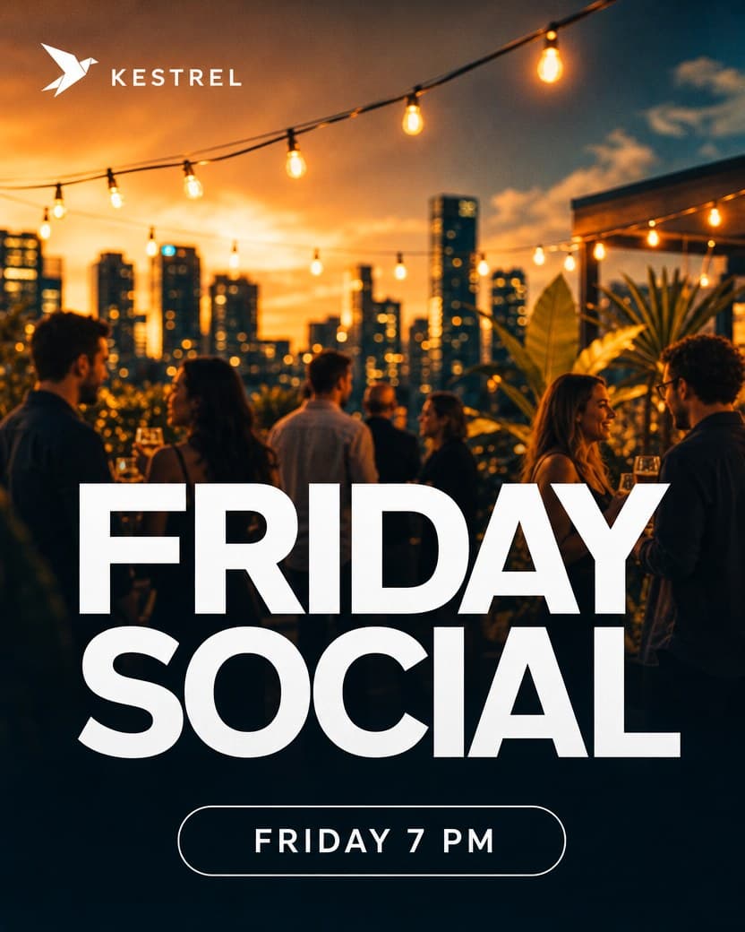 A good AI-made Friday Social poster with no brand behind it, in another company's look: rooftop photo, white capitals and an invented bird logo