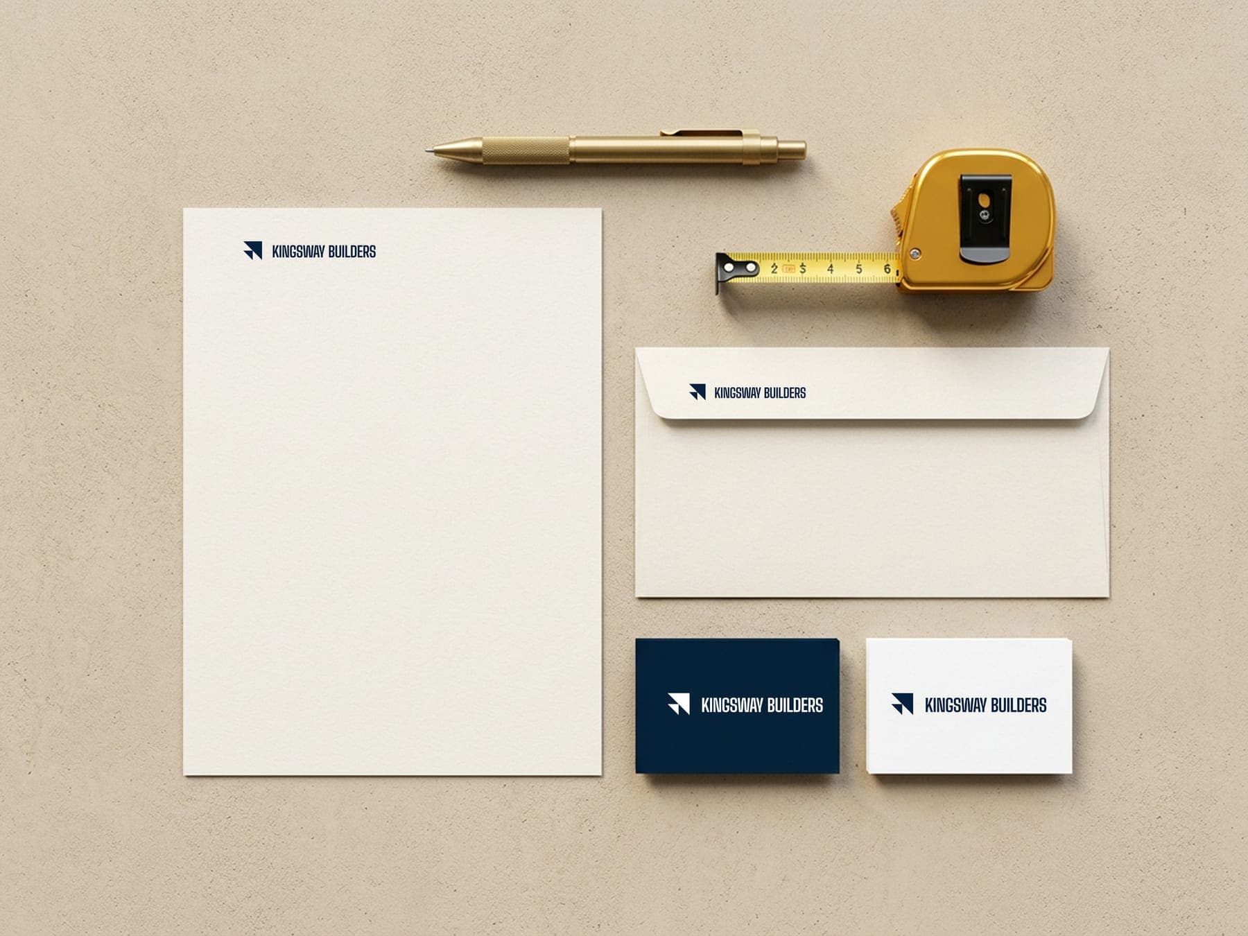 The stationery: a 3D render of the Kingsway Builders identity