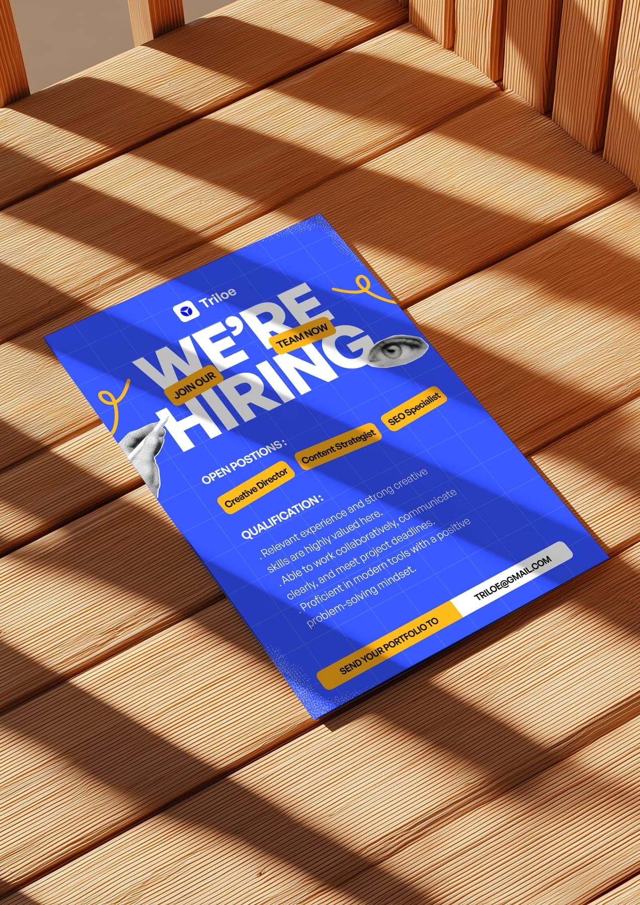 The hiring flyer: a 3D render of the Triloe identity