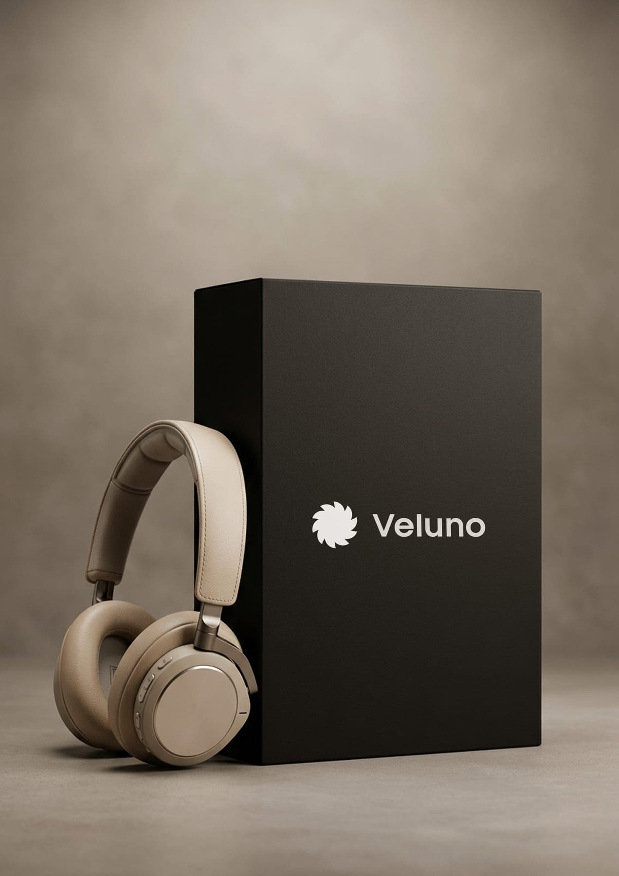 The headphones box: a 3D render of the Veluno identity