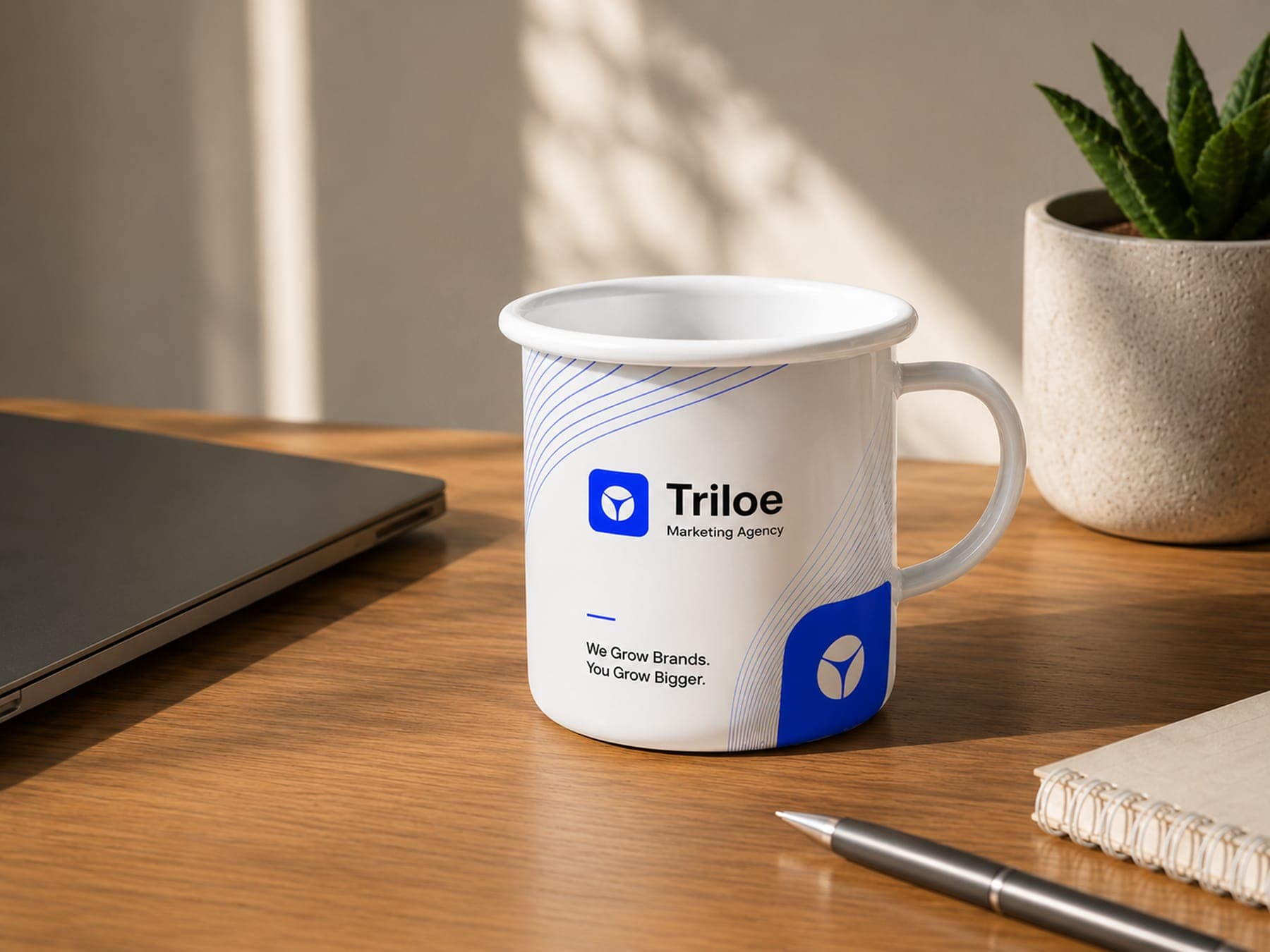 The mug: a 3D render of the Triloe identity