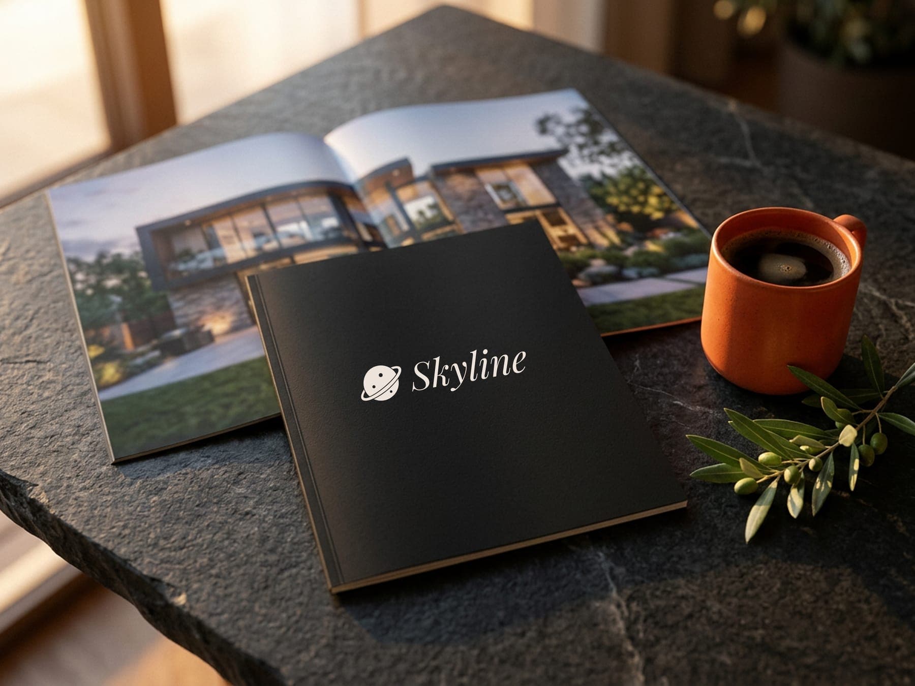 The brochure: a 3D render of the Skyline identity