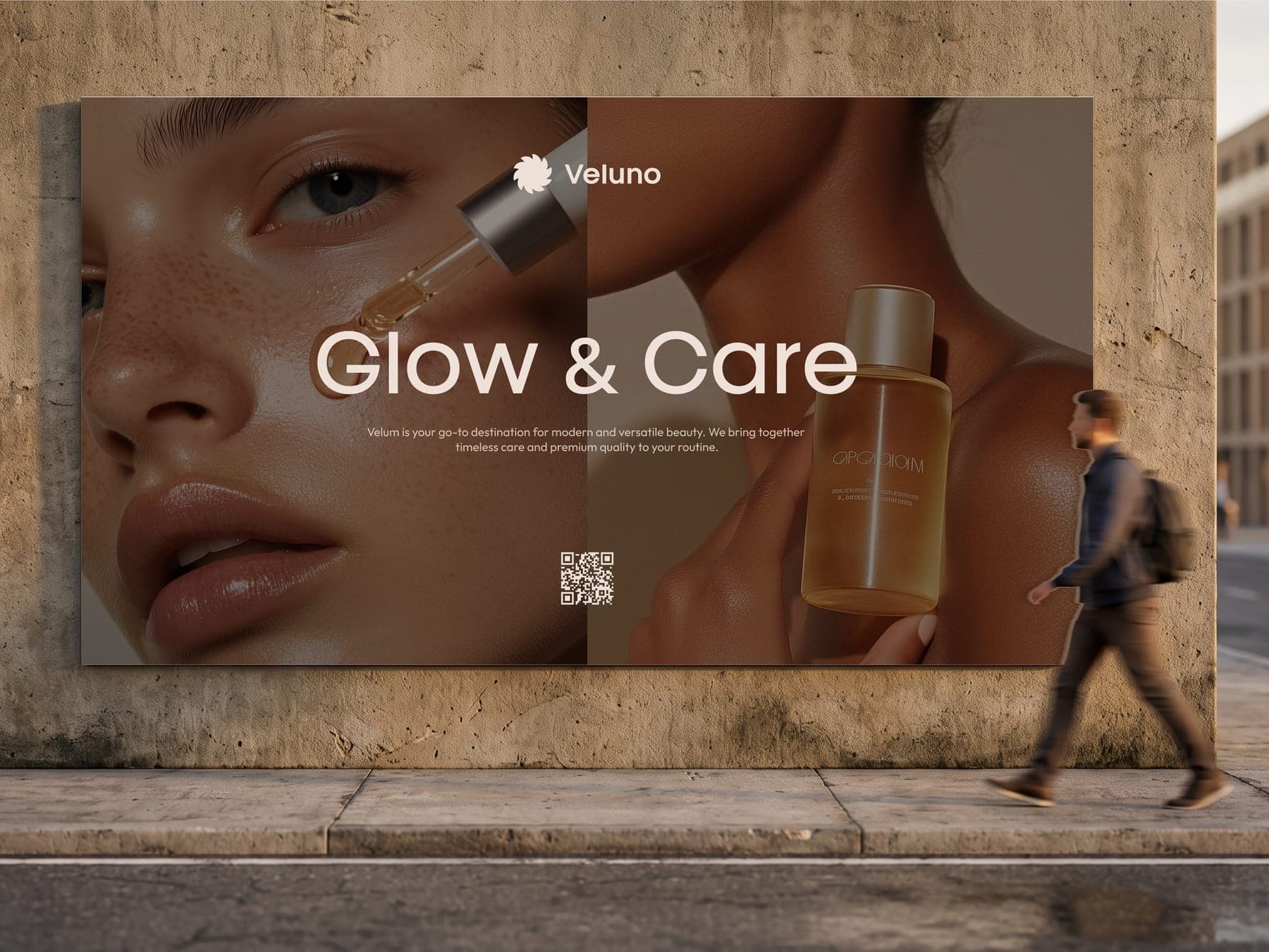 The billboard: a 3D render of the Veluno identity