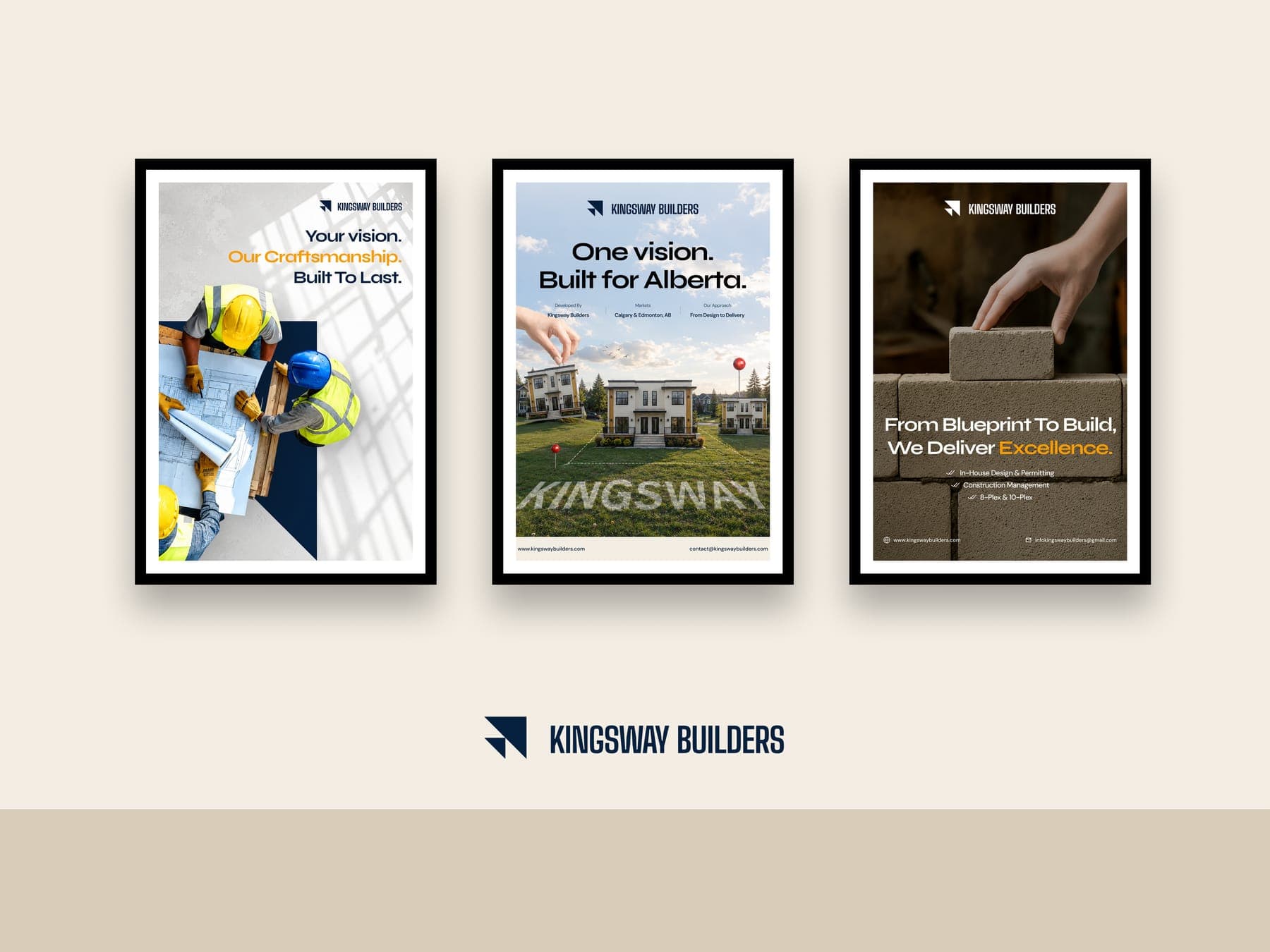 The posters: a 3D render of the Kingsway Builders identity
