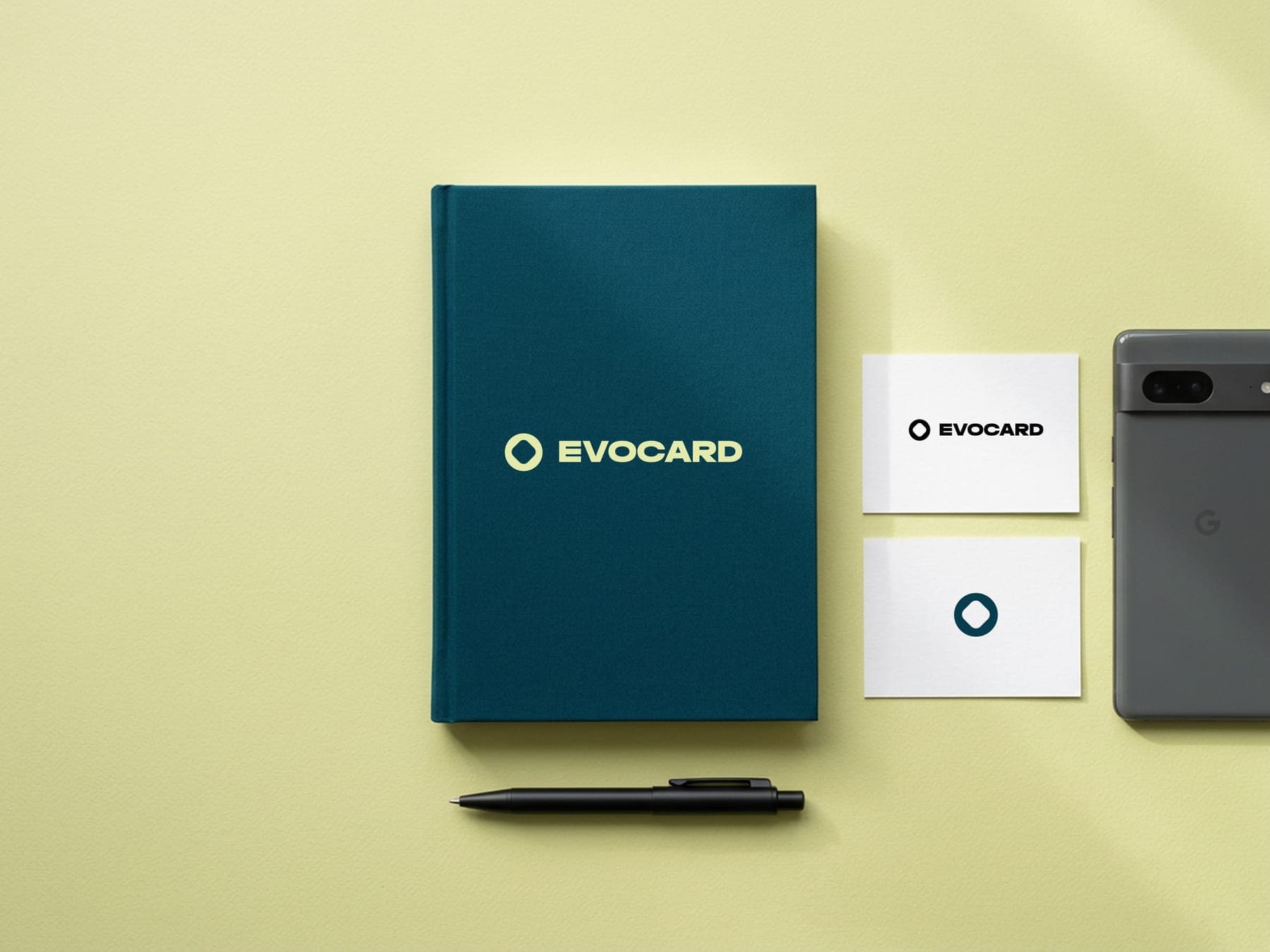 The notebook: a 3D render of the Evocard identity
