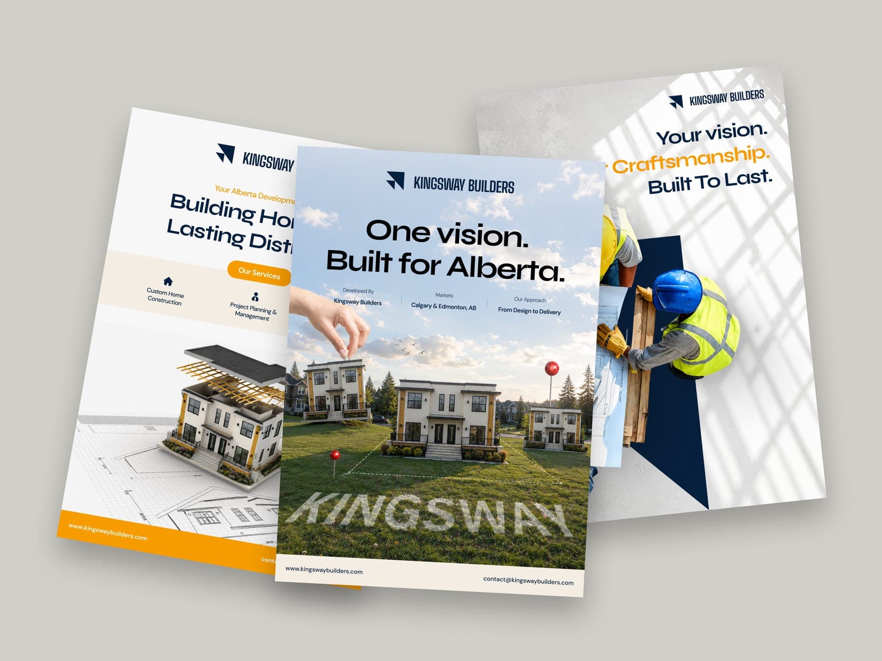 The flyer set: a 3D render of the Kingsway Builders identity