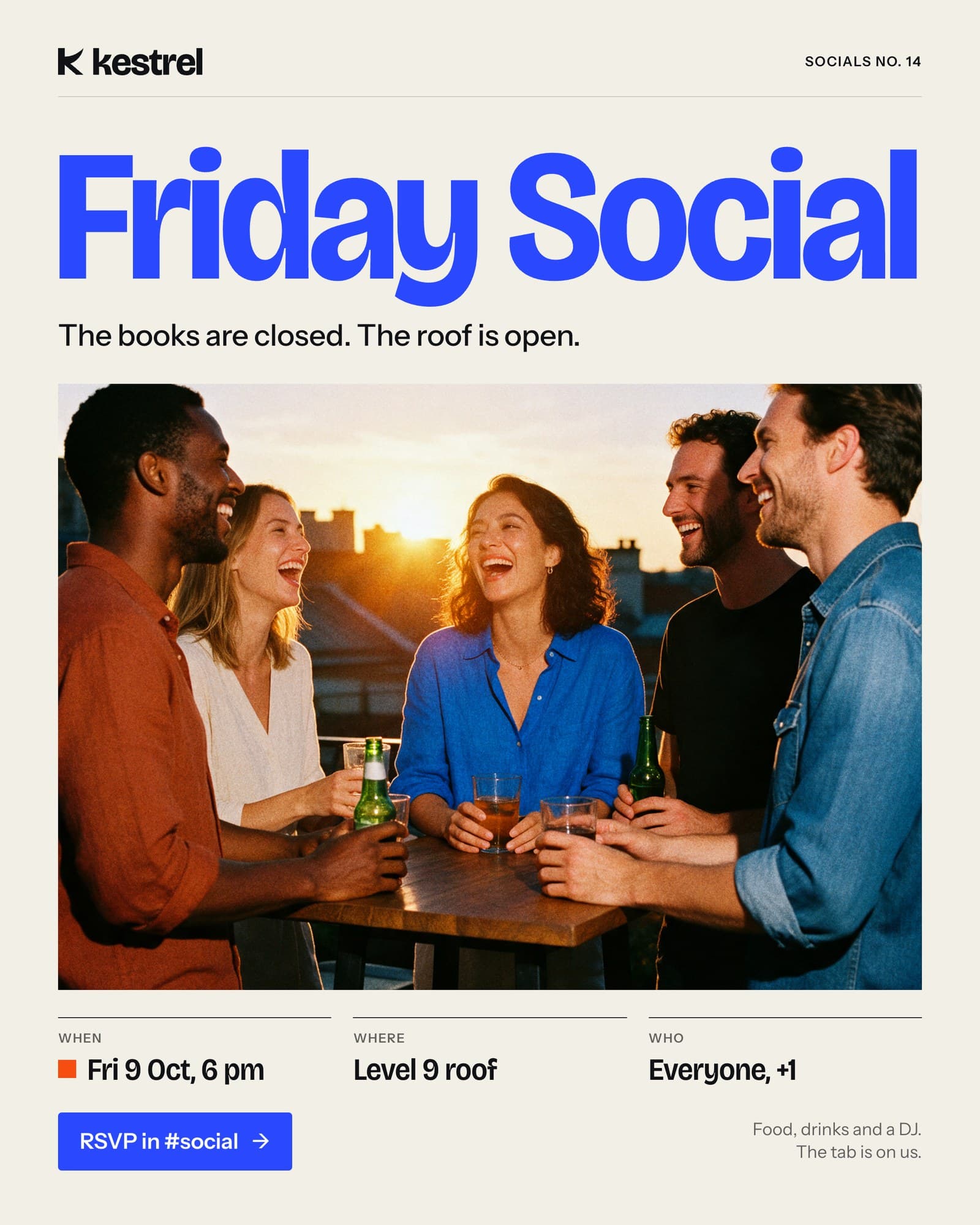 Kestrel's Friday Social poster, on brand: blue Bricolage headline, a rooftop photo, and the When, Where and Who row