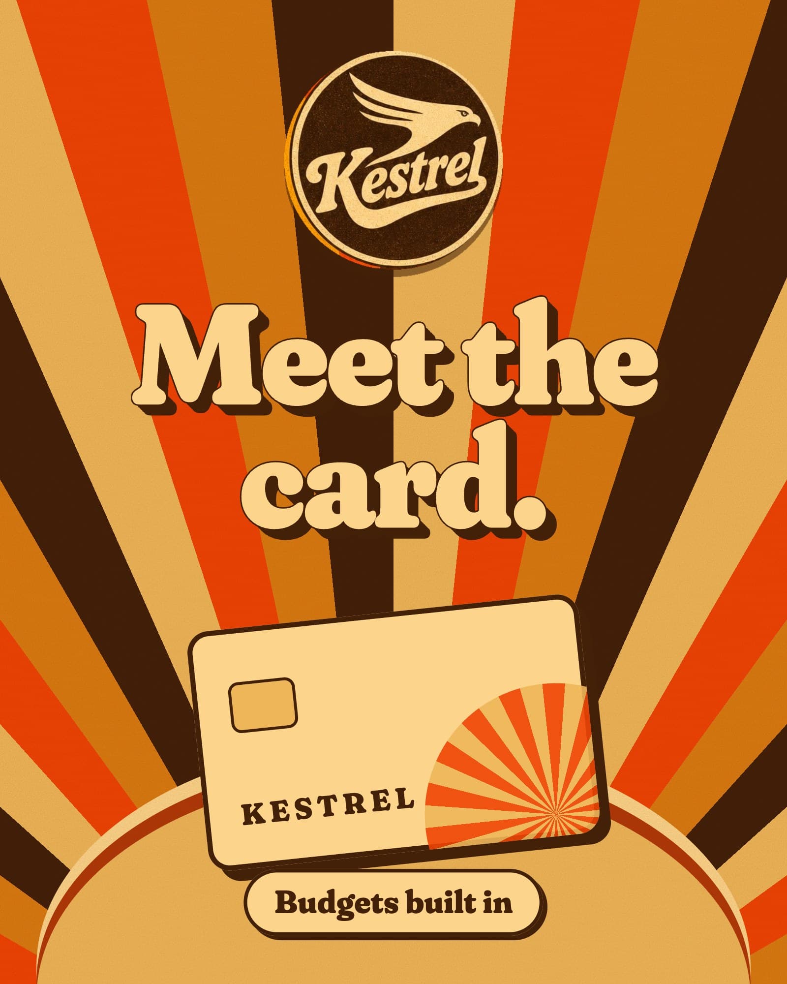 A good AI-made Kestrel post with no brand behind it, in another company's look: 70s sunburst, a script badge, Meet the card.