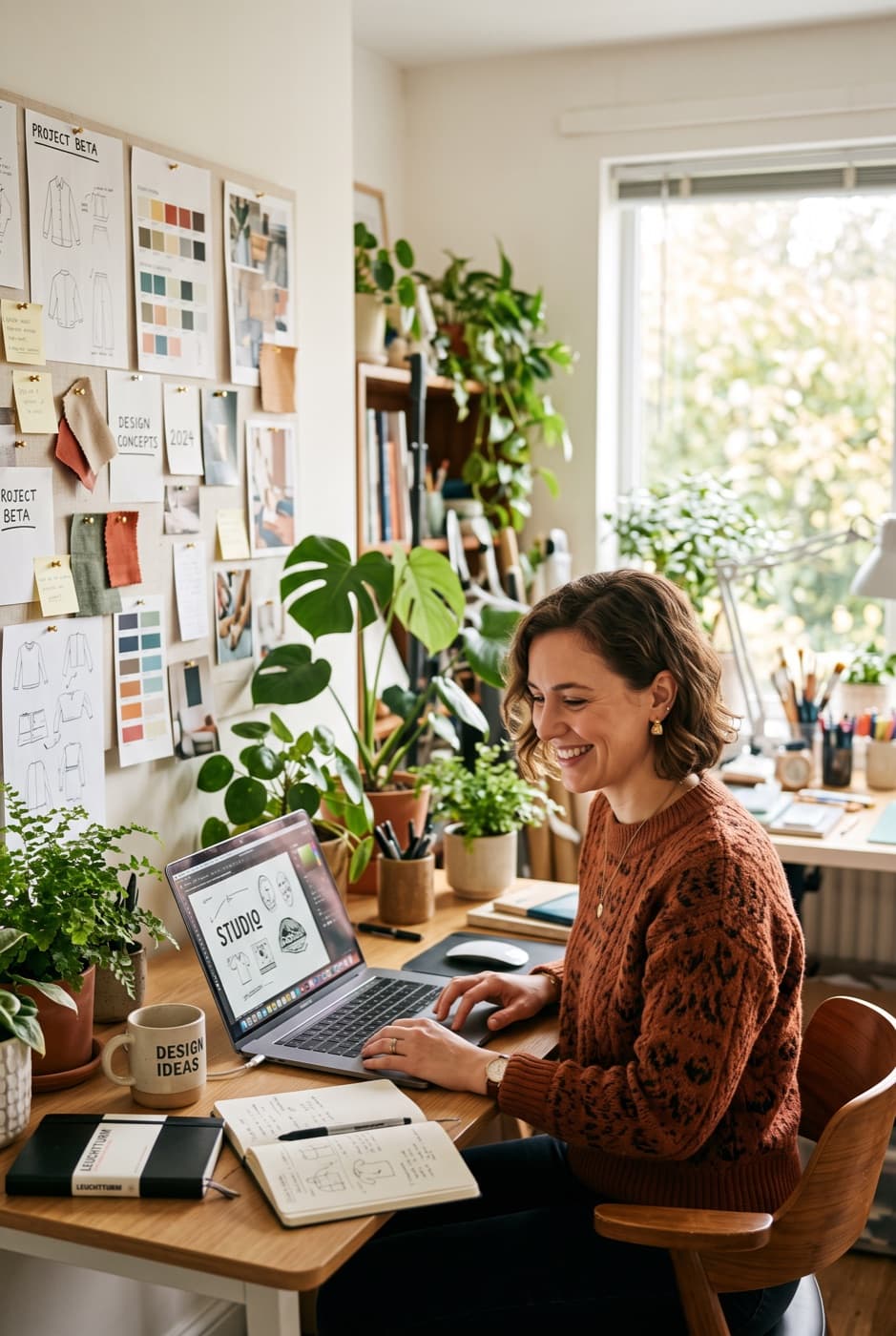 A UI Wiki Studio designer at her desk, smiling at her laptop