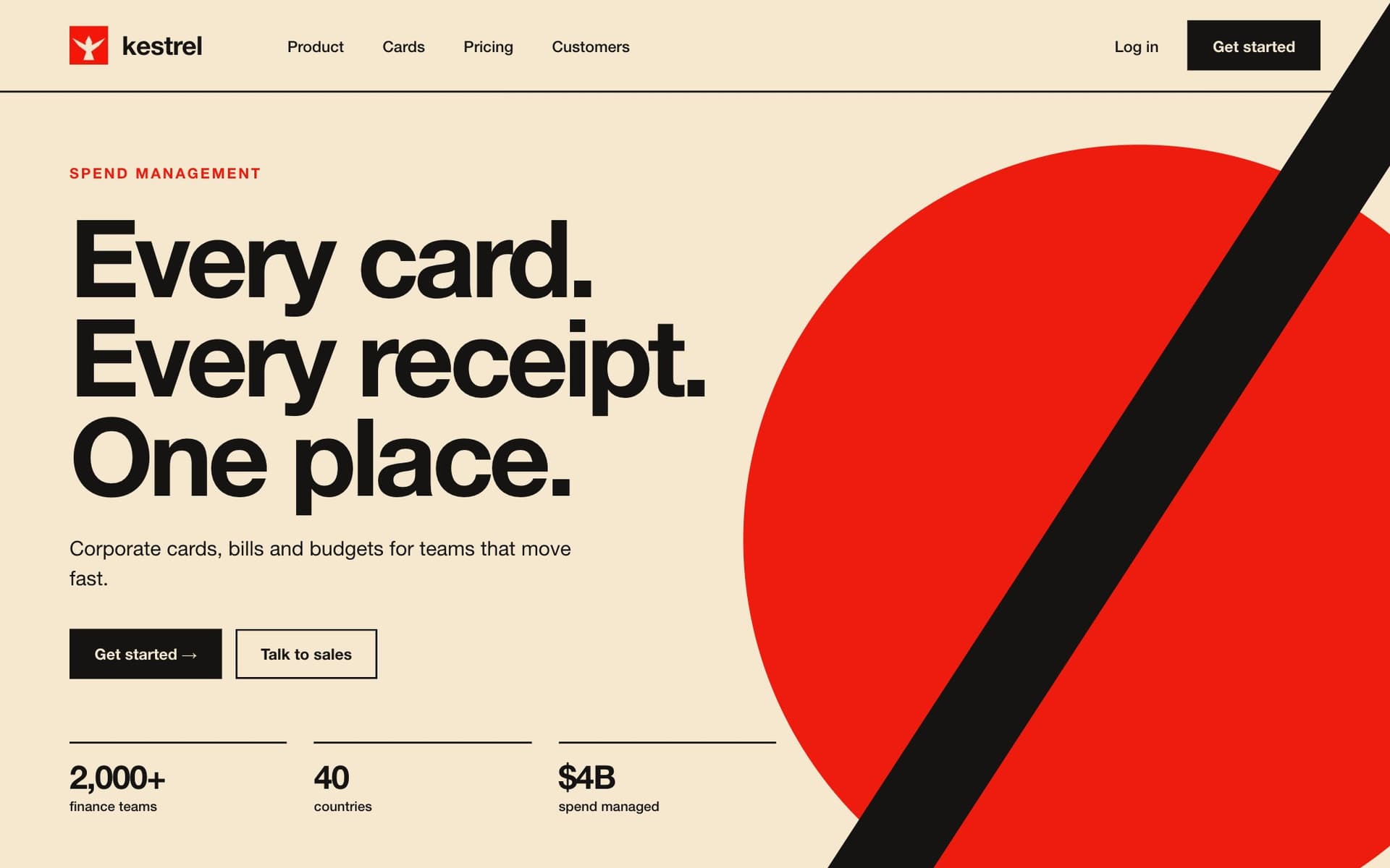 A good AI-made Kestrel website with no brand behind it, in another company's look: Swiss grid, signal red on cream, Every card. Every receipt. One place.