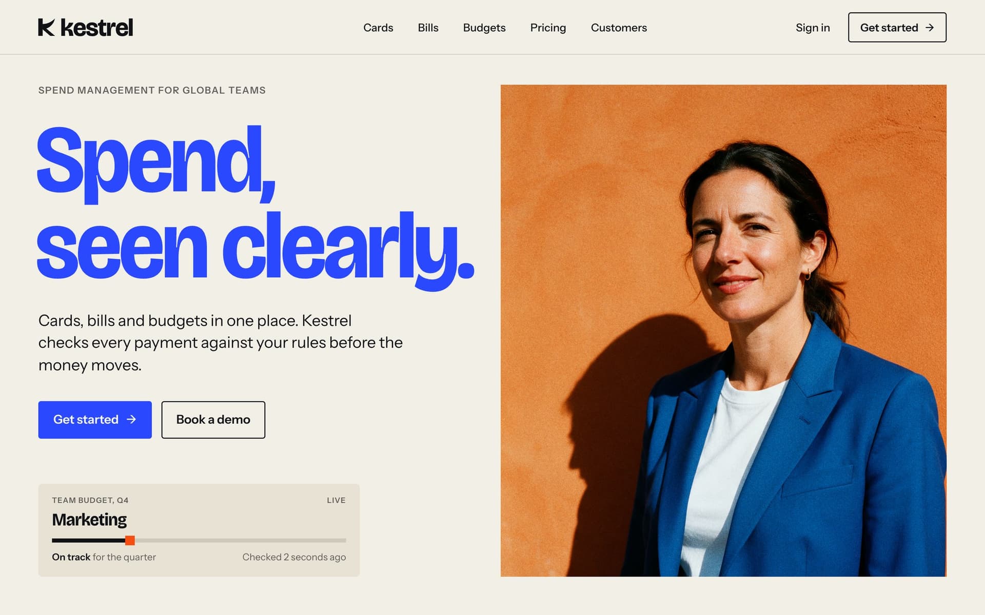 Kestrel's website hero, on brand: Spend, seen clearly, with a live budget and a portrait